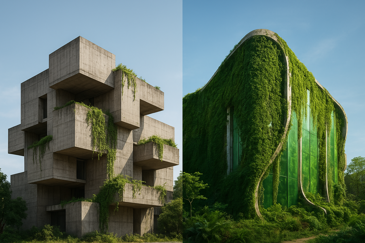 Hybrid architectural concept with concrete structure integrated with green biodesign façade
